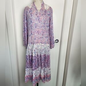 Vintage Gauze Cotton Indian Block Print Maxi Dress with Silk Trim